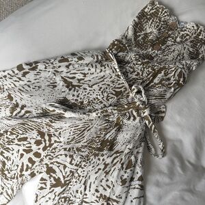 Smocked Strapless Wide Ankle Pant Suit in White & Olive Print
